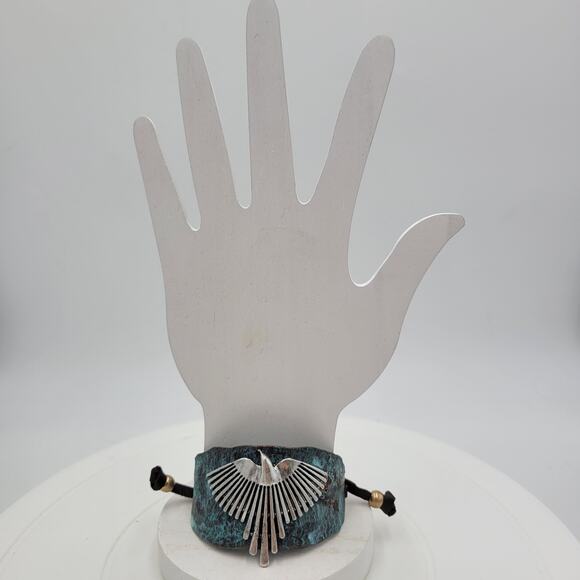 Vtg Native Thunderbird Cuff Bracelet 9" Hammered Green Silver Leather Phoenix - Picture 2 of 12